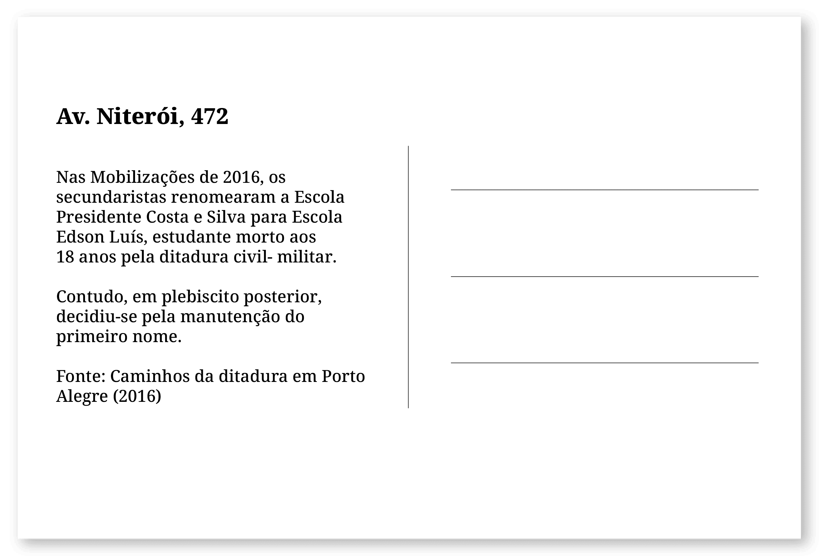 Imagem de um cartão postal, com o seguinte texto: Av. Niterói, 472.