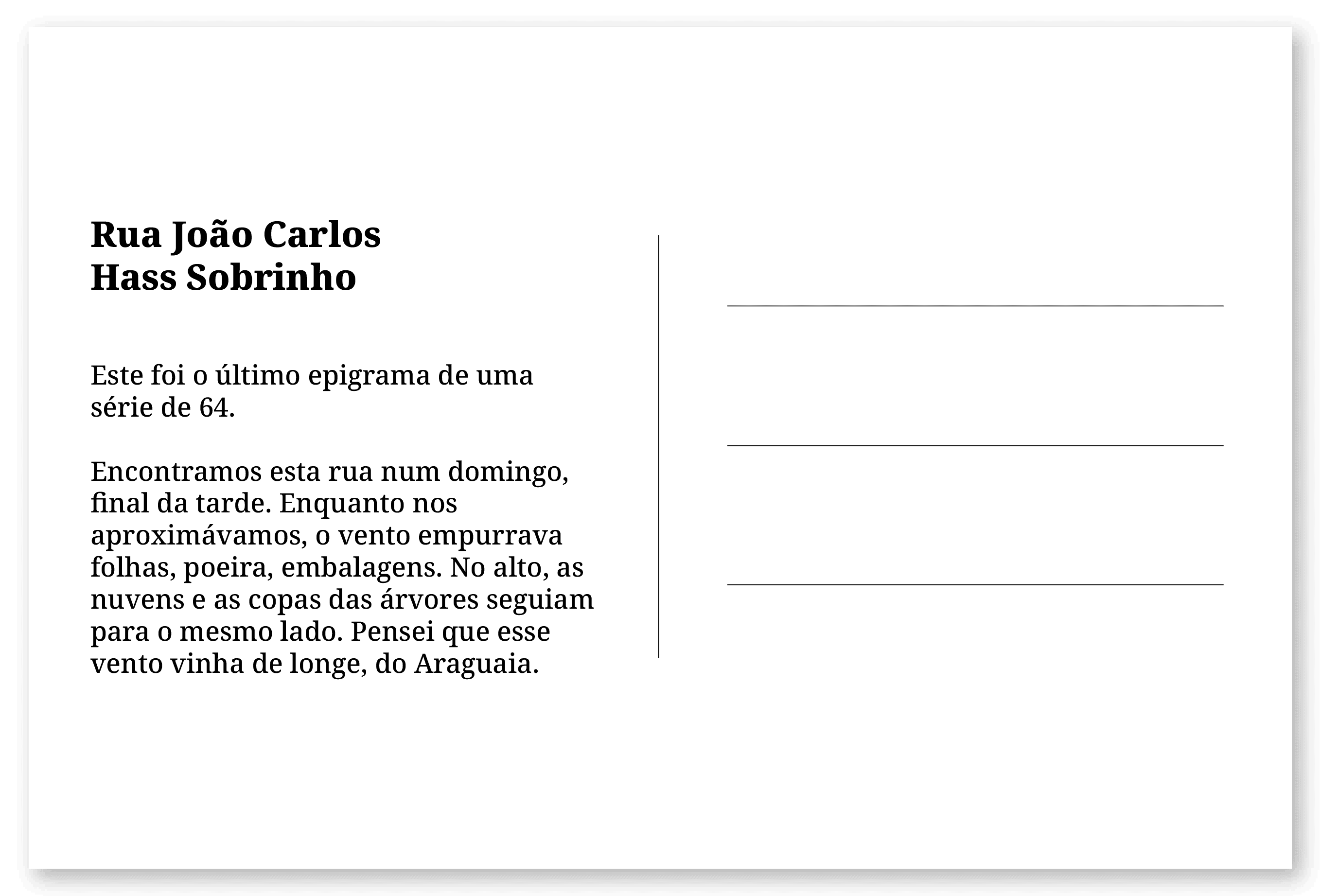 Imagem de um cartão postal, com o seguinte texto: Rua João Carlos Hass Sobrinho. Este foi o último epigrama de uma série de 64. Encontramos esta rua num domingo, final da tarde. Enquanto nos aproximávamos, o vento empurrava folhas, poeira, embalagens. No alto, as nuvens e as copas das árvores seguiam para o mesmo lado. Pensei que esse vento vinha de longe, do Araguaia. Fim da descrição.