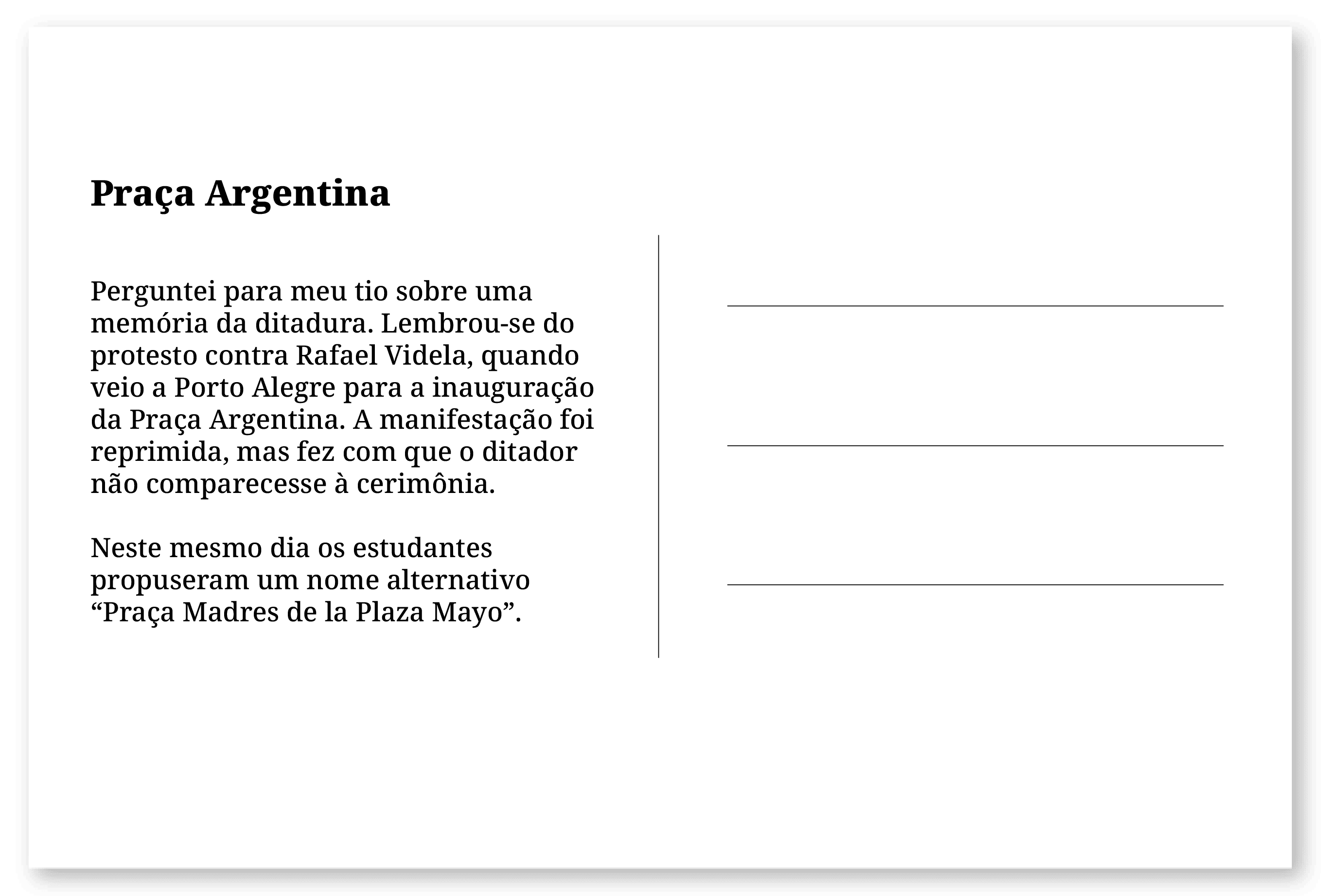 Imagem de um cartão postal, com o seguinte texto: Praça Argentina.