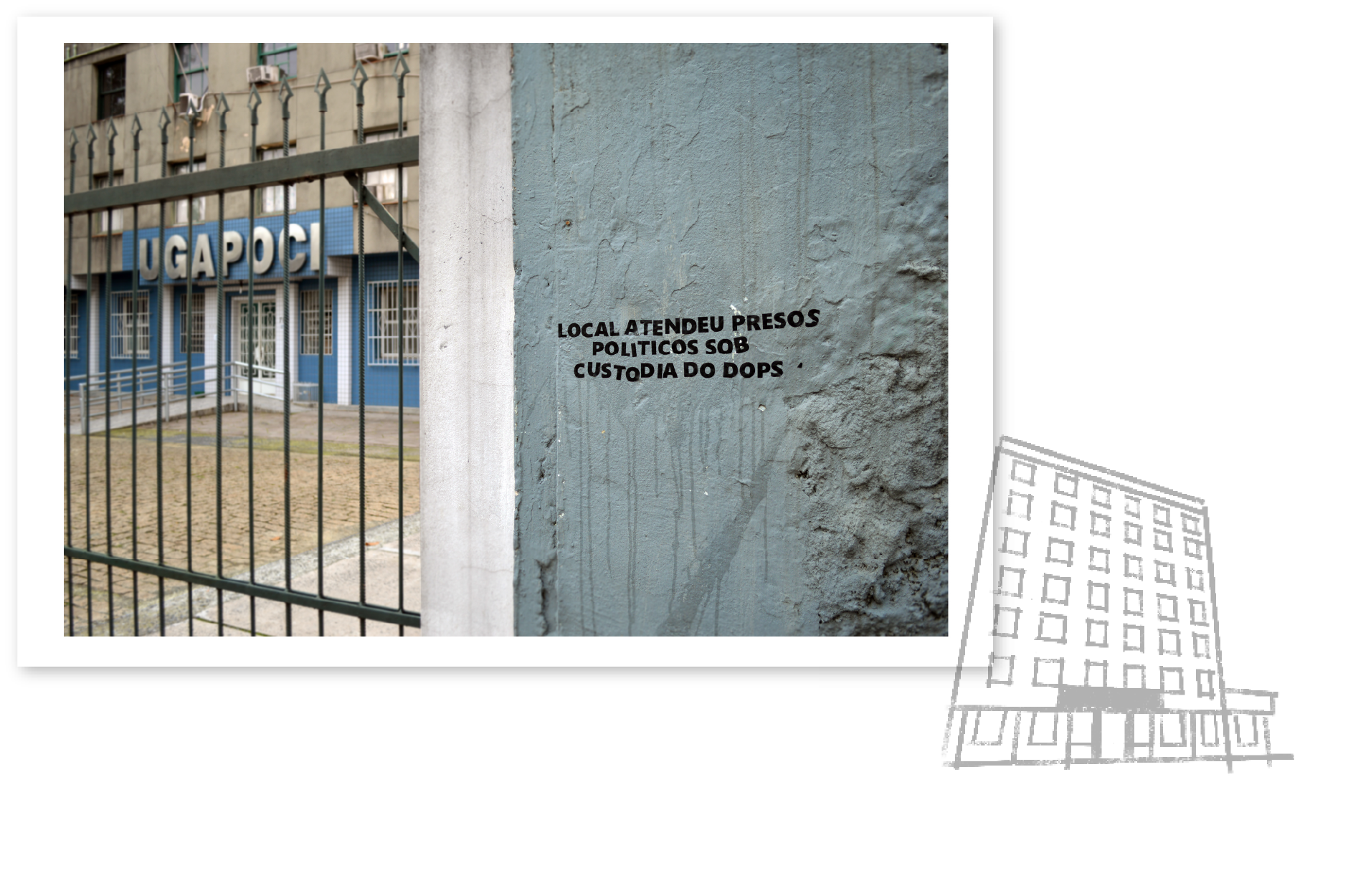 Fotografia colorida. Em primeiro plano, deslocado à direita em um muro consta a seguinte mensagem: Local atendeu presos políticos sob custódia do DOPS. À esquerda, atrás de um portão enquadra-se a fachada da Ugapoci - União Gaúcha dos Policiais Civis
