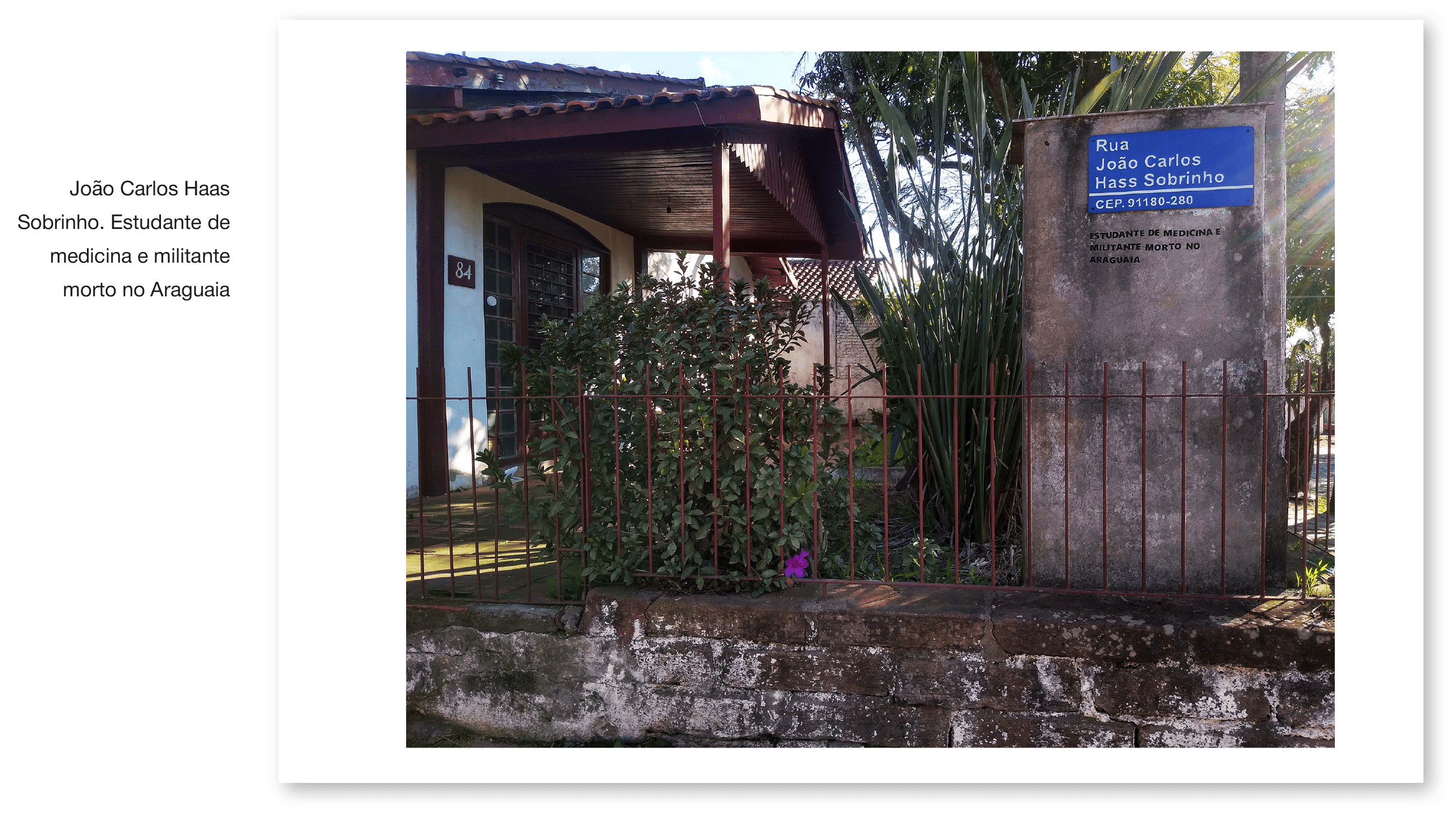  Imagem colorida. Em primeiro plano, deslocado à direita no abrigo de luz de uma residência encontra-se fixada uma placa identificadora de logradouro. Trata-se da Rua João Carlos Haas Sobrinho. Junto a ela foi plasmada a seguinte mensagem: Estudante de medicina e militante morto no Araguaia.
