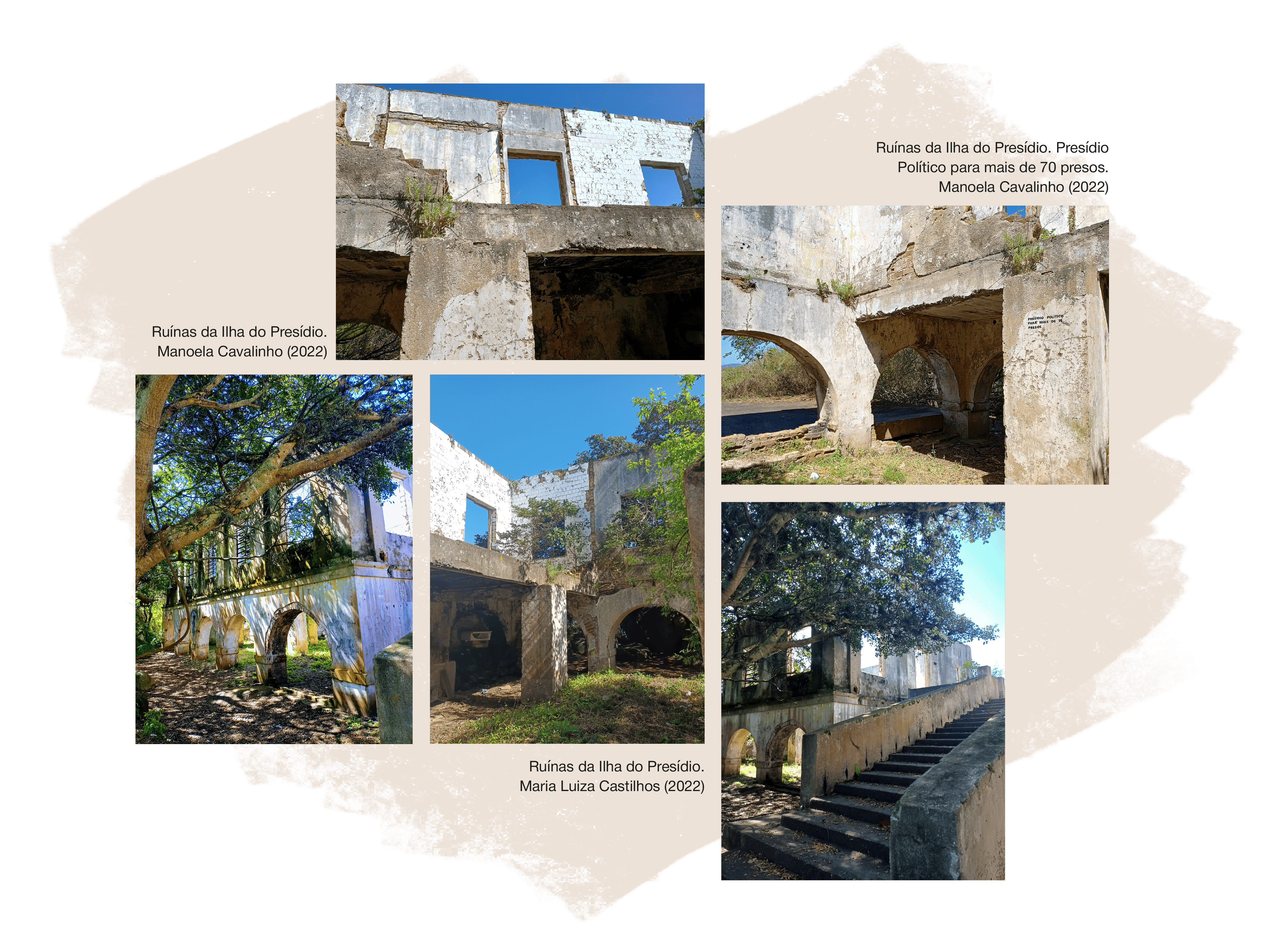 Fotografia colorida. Retrata a paisagem natural da Ilha das Pedras, entre água, rochas e vegetação terrestre. 