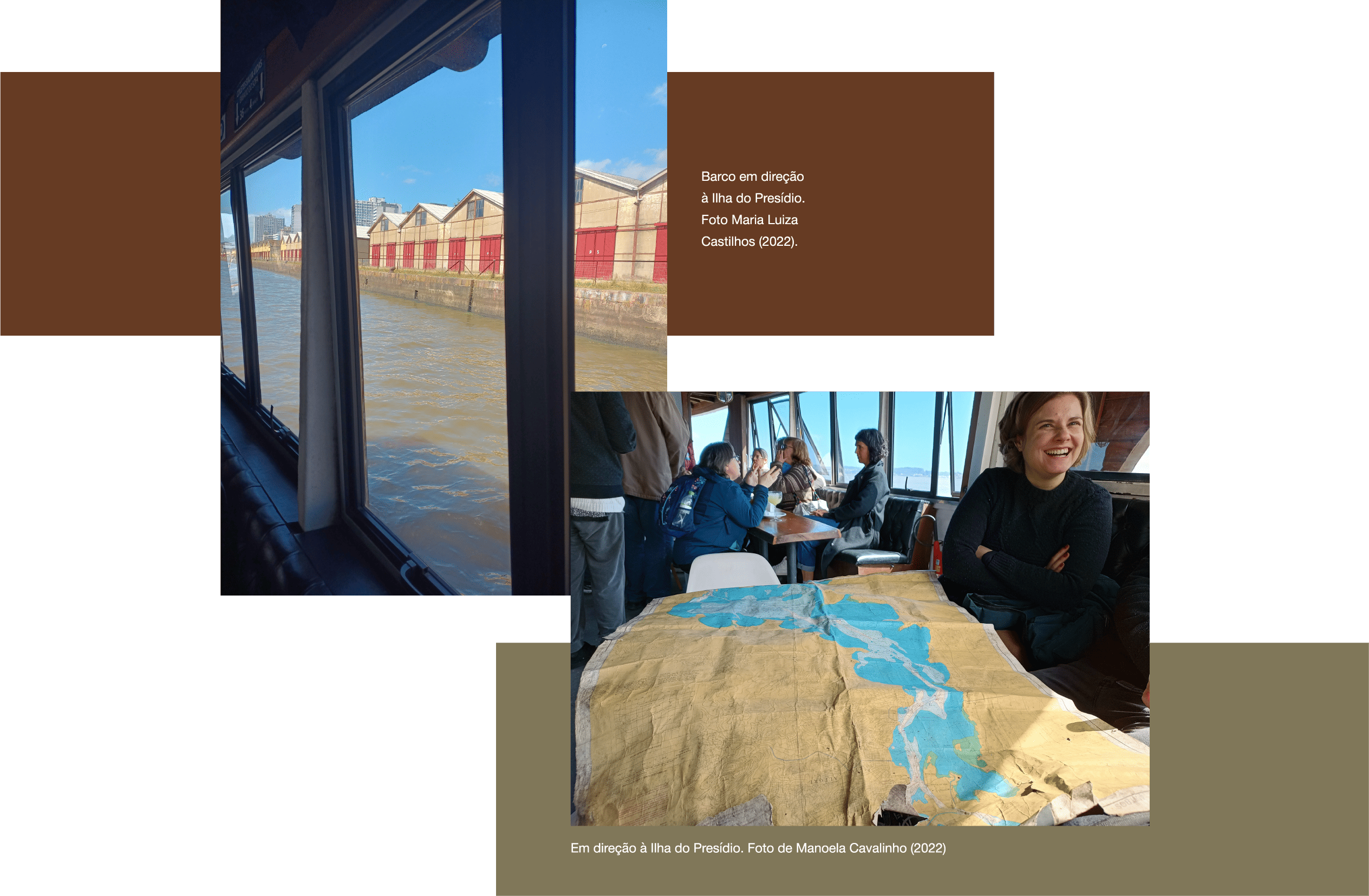 Colour photograph. It was taken from inside a boat, framing part of its windows and in the background part of the Mauá Quay. Colour photograph. The image frames a group of people inside a boat.